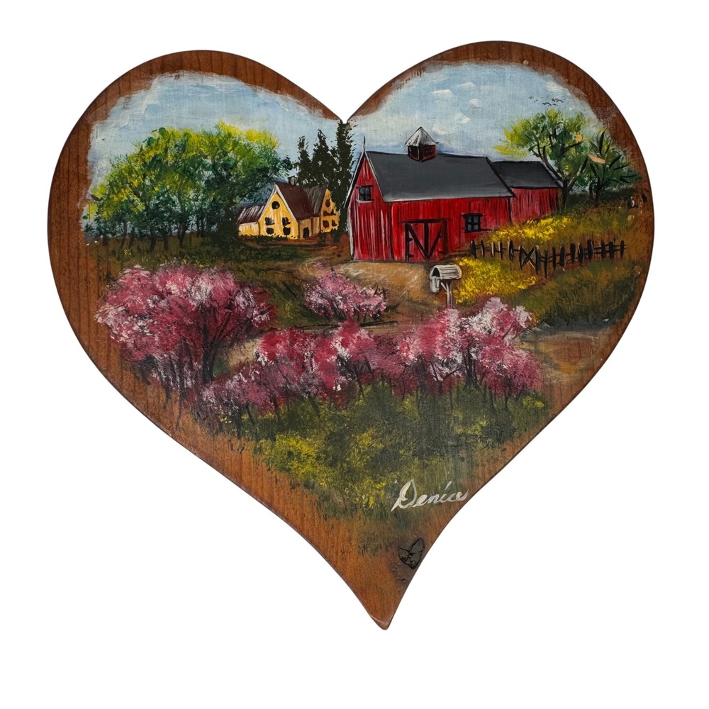 VTG '86 Cottagecore Farmhouse Hand Painted Wood Heart Farm Scene Red Barn Art